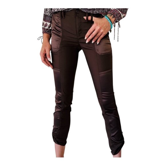 WHITE HOUSE BLACK MARKET Womens Black Satin Patchwork The Straight Crop Pants 6L - Picture 11 of 16